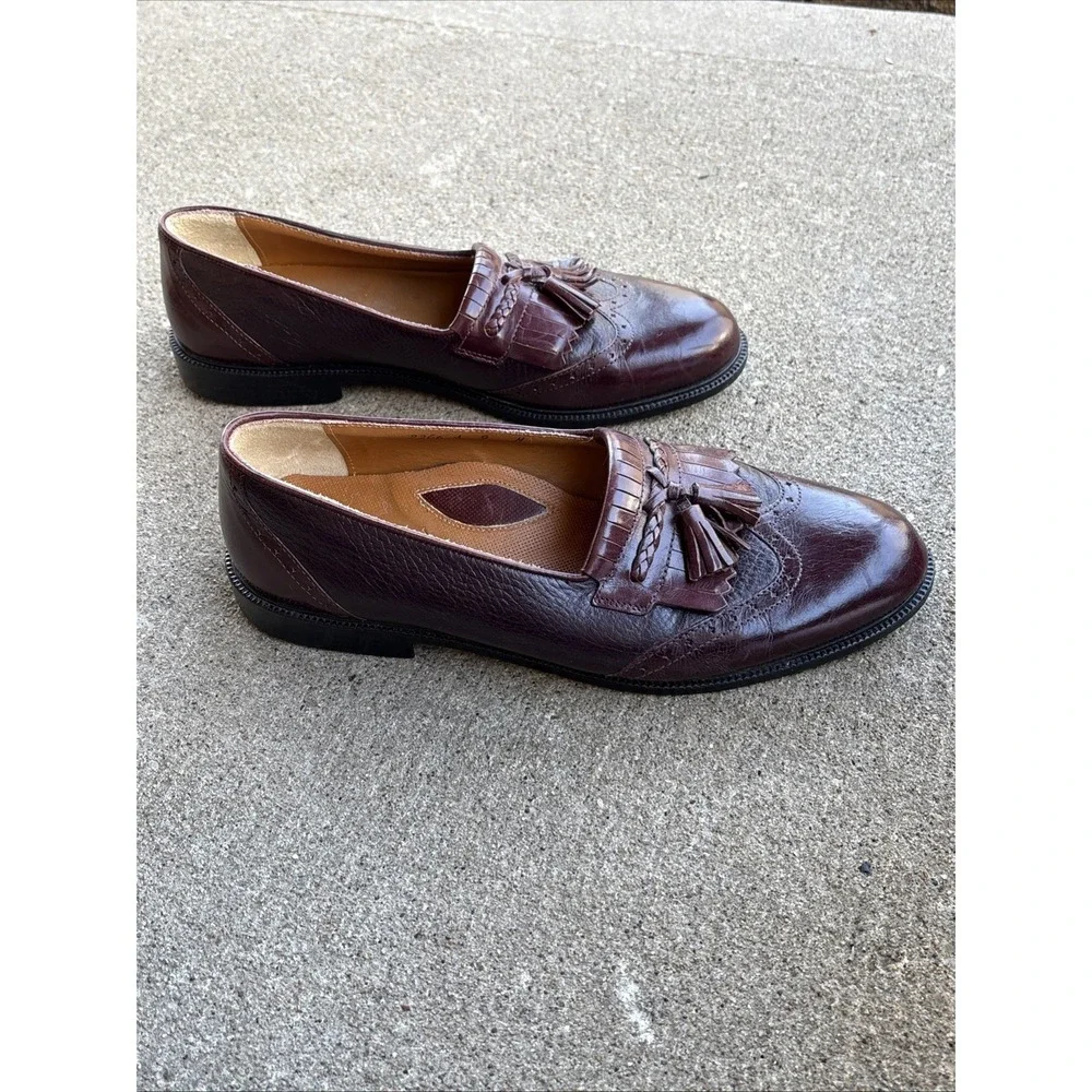 Stanley Blacker Burgundy Leather Slip On Tassel Shoes 9M Wing Tip Old‎ Money